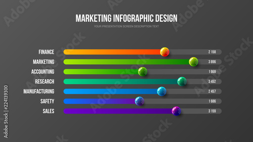 Business infographic presentation vector 3D colorful balls illustration. Corporate marketing analytics report horizontal bar chart design layout. Statistics information graphic visualization template.