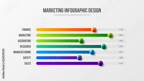 Business infographic presentation vector 3D colorful balls illustration. Corporate marketing analytics report horizontal bar chart design layout. Statistics information graphic visualization template.