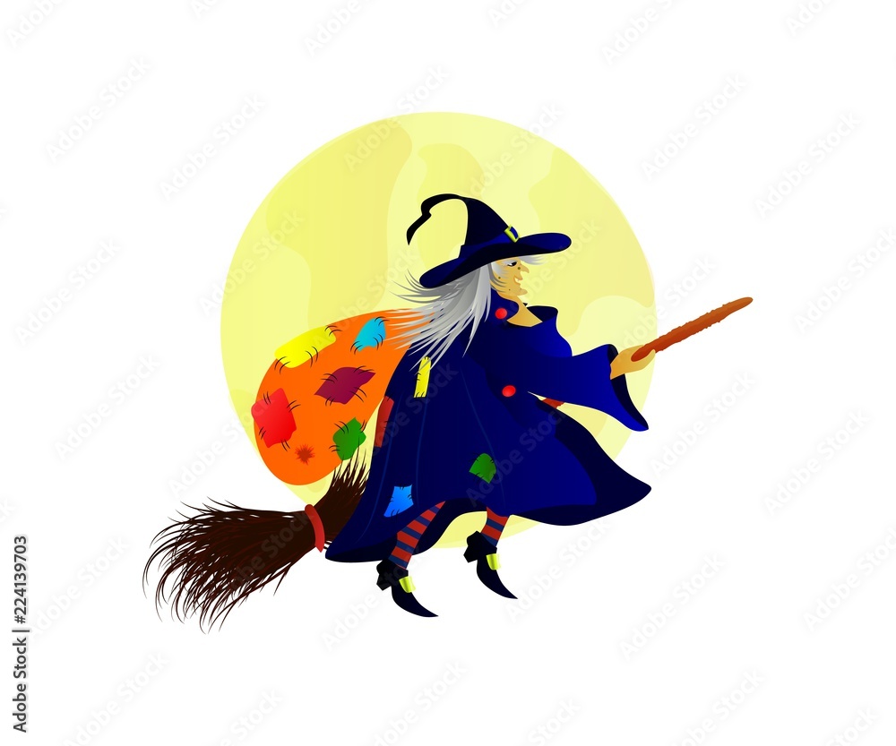 Fototapeta premium Flat illustration of Befana flying on a broom with a bag on her back.