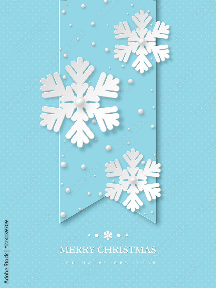 Fototapeta premium Christmas holiday design with paper cut style snowflakes and pearls. Blue dotted background with greeting text. Vector illustration.