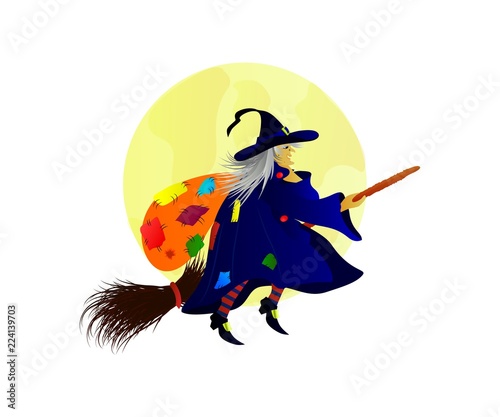 Flat illustration of Befana flying on a broom with a bag on her back.