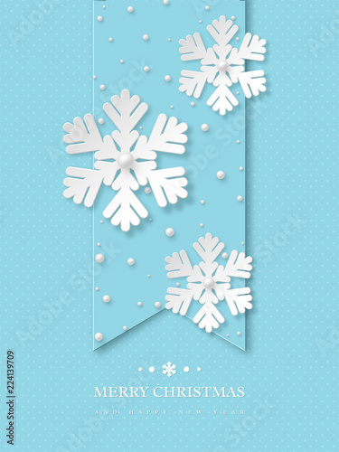 Christmas holiday design with paper cut style snowflakes and pearls. Blue dotted background with greeting text. Vector illustration.