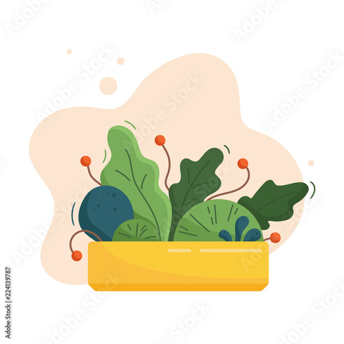 Abstract lush plants in long low yellow flowerpot. Leaves, flowers and berries. Domestic gardening illustration in modern simple flat art style. Vector illustration isolated on white