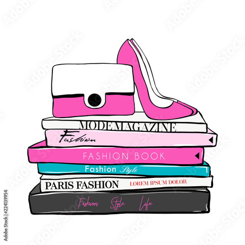 Vector fashion illustration. High heels shoes, bag, fashion magazines books. Hand drawn beautiful concept for girls. Fashionable illustration with stack of books, fashion magazines. Vogue Beauty style