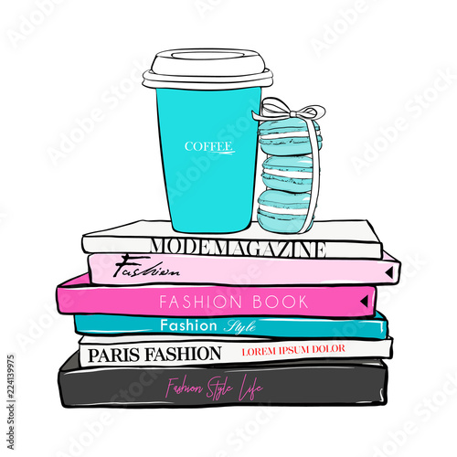 Stack of Macaroons with bow ribbon design with coffee cup on fashion magazines books. Hand drawn beautiful girls concept. Fashionable illustration with stack of books, fashion magazines, macaron cakes