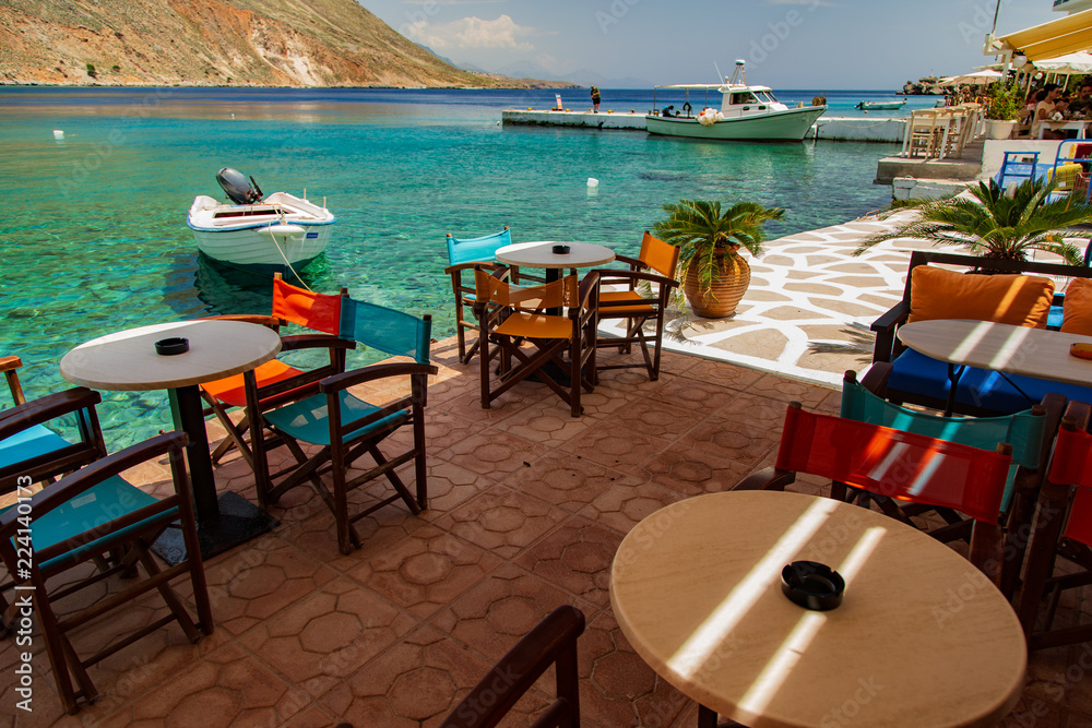 Restaurant view on Loutro village, Crete