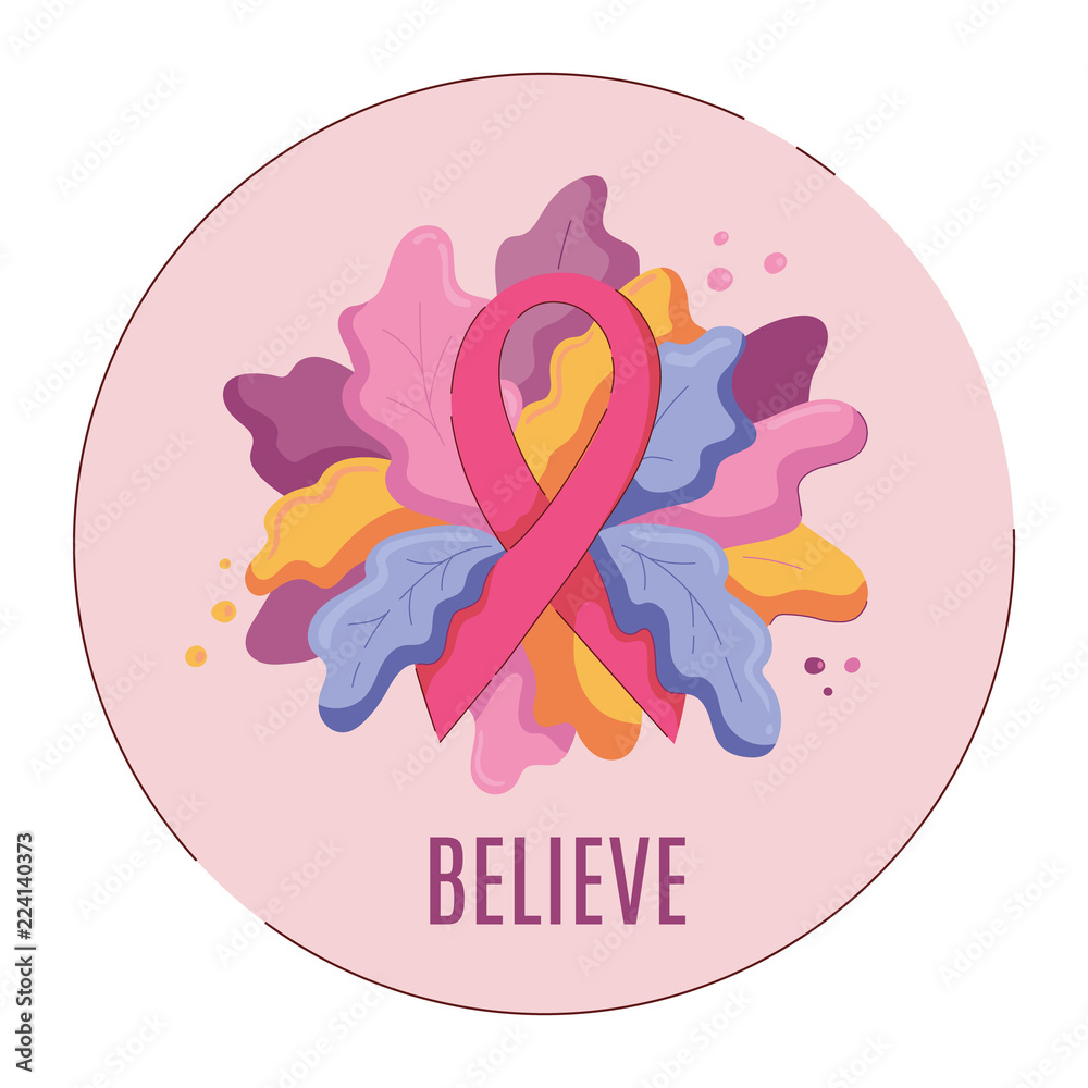 Round shape sticker template with pink ribbon, lush foliage and Believe word in modern flat style.Blue, violet and yellow leaves, autumn theme.October Breast cancer awareness month.Vector illustration Round shape sticker template with pink ribbon, lush foliage and Believe word in modern flat style.Blue, violet and yellow leaves, autumn theme.October Breast cancer awareness month.Vector illustration