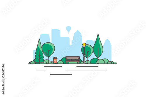 City park bench, lawn and trees, street lamp. Flat style line vector illustration