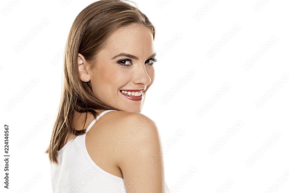 Portrait of young beautiful woman with makeup on white backgeound Portrait of young beautiful woman with makeup on white backgeound