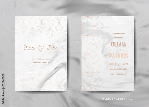 Wedding Invitation Cards Collection. Save the Date, RSVP with trendy marble texture background and gold geometric art deco frame design illustration in vector