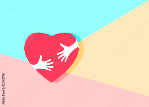 Flat minimalism image of Embrace Heart Shape with hands design template icon on pastel colored pink and blue background, hugging heart, concept of love and care, happy valentine day