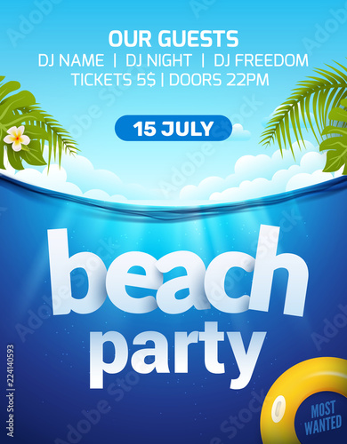 Pool beach summer party invitation banner flyer design. Water and palm inflatable yellow mattress. Beach party template poster