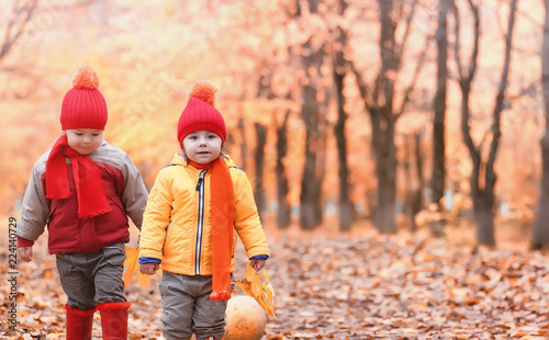 Children are walking in nature. Twilight kids are walking around