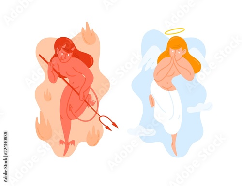 Angel with wings and Devil holding pitchfork. God and Satan. Heaven and hell creatures. Good and evil female cartoon characters isolated on white background. Colorful flat vector illustration.