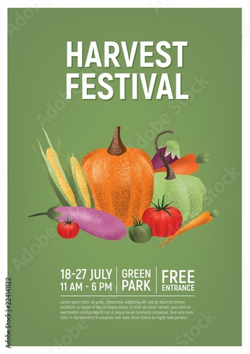 Flyer, poster or invitation template for harvest festival with fresh organic vegetables or ripe crops and place for text. Colorful vector illustration for seasonal event announcement, advertisement.