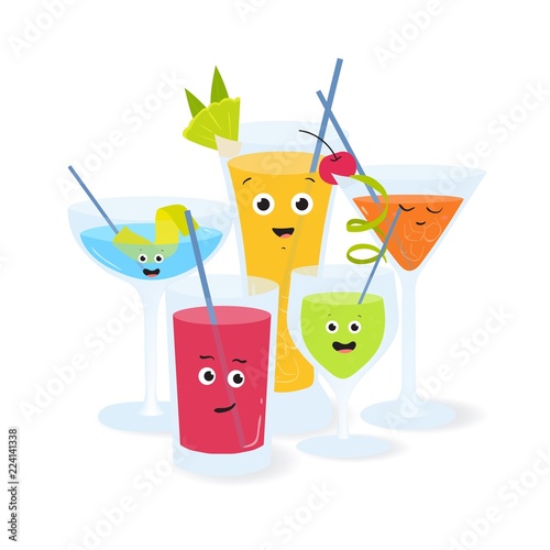 Alcoholic cocktails in glasses with funny smiling faces. Various drinks and b...