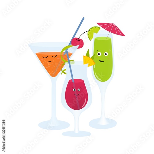 Exotic cocktails in glasses with cute happy faces. Refreshing soft and alcohol drinks and beverages decorated with fruits, berries and umbrella. Colorful vector illustration in flat cartoon style.