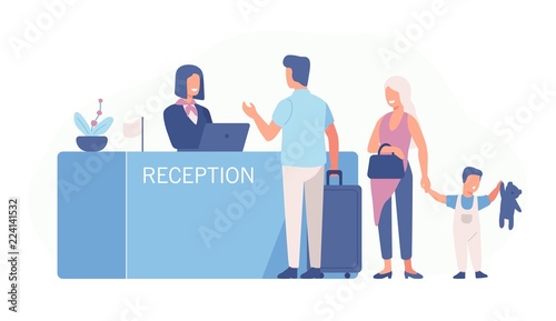 Family standing at airport check-in counter or registration desk and talking to female worker. Scene with tourists or travellers at hotel lobby. Colorful vector illustration in flat cartoon style.
