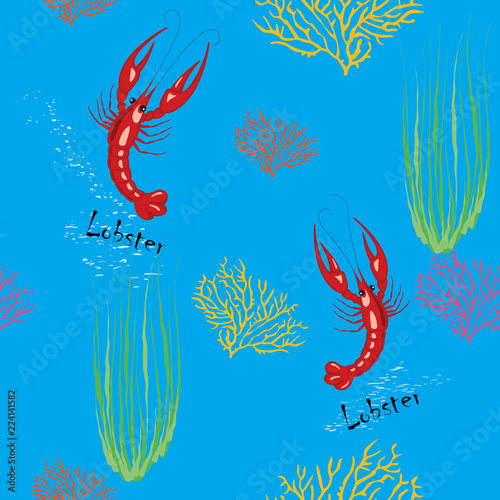 Painted wallpaper pattern with lobsters, corals and seaweeds on blue background