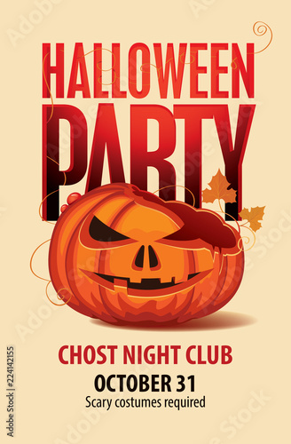 Vector Halloween banner with inscription and broken pumpkins head. Flyer or invitation template for Halloween party with a small PostScript Scary costumes required.