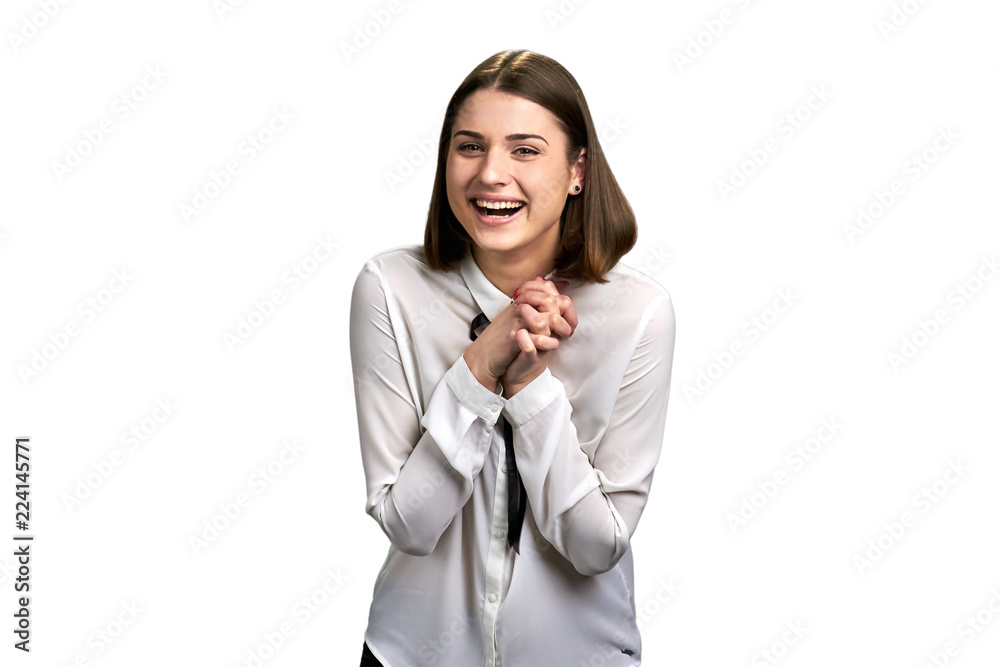 Joyful woman isolated on white background. Cheerful lady wearing elegant blouse is laughing. Female expression of happiness. Joyful woman isolated on white background. Cheerful lady wearing elegant blouse is laughing. Female expression of happiness.