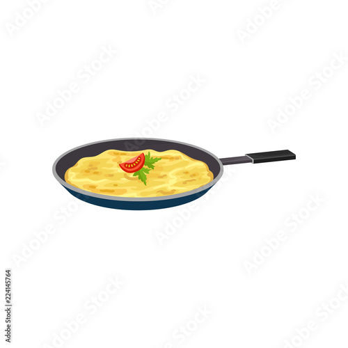 Omelette in a frying pan, fresh nutritious breakfast food, design element for menu, cafe, restaurant vector Illustration on a white background