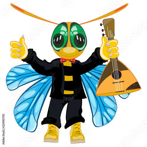 Vector illustration of the bee in fashionable suit and with balalaika