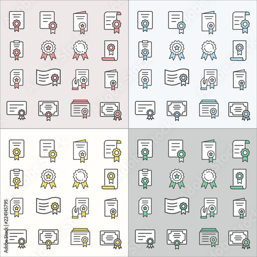 Certificate flat line icons for graphic and web design.