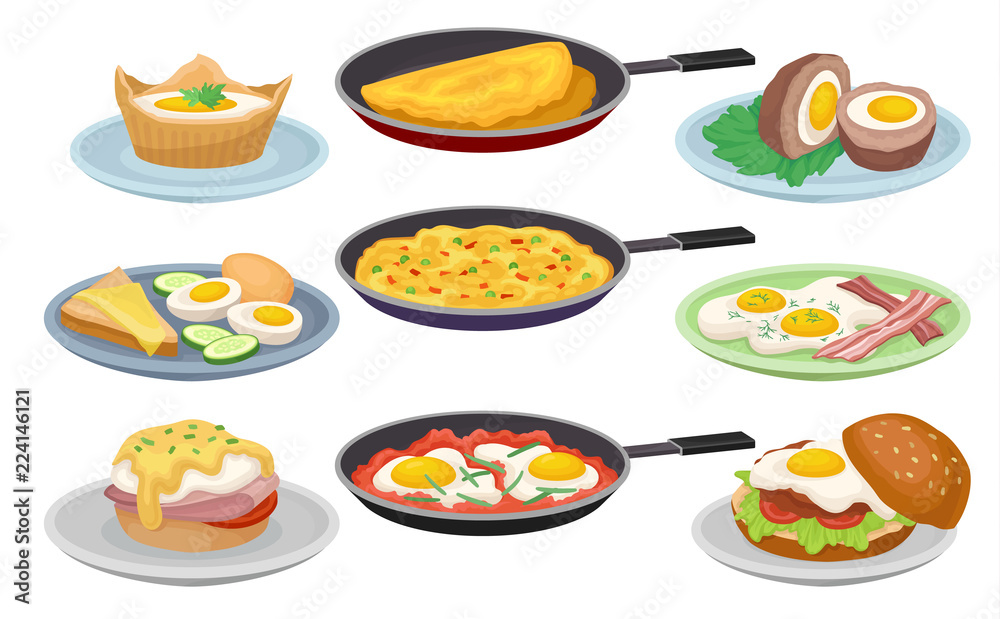 Dishes from eggs set, fresh nutritious breakfast food, design element for menu, cafe, restaurant vector Illustrations on a white background Dishes from eggs set, fresh nutritious breakfast food, design element for menu, cafe, restaurant vector Illustrations on a white background