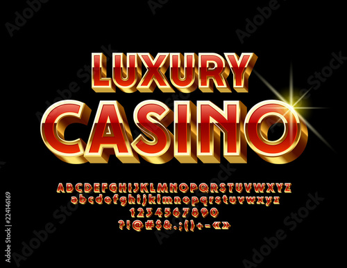 Vector Red and Gold Luxury Casino emblem. 3D exclusive Font. Chic modern Alphabet Letters, Numbers and Symbols
