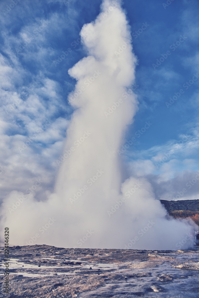 Geyser explosion in the  Geysir park, Iceland 
