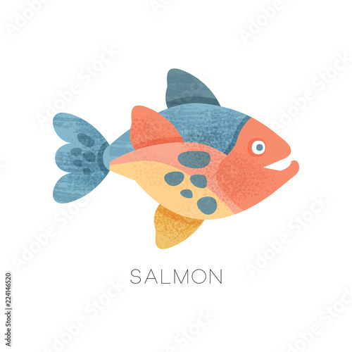 Illustration of salmon fish. Freshwater fish. Marine animal. Sea creature. Flat vector icon with texture