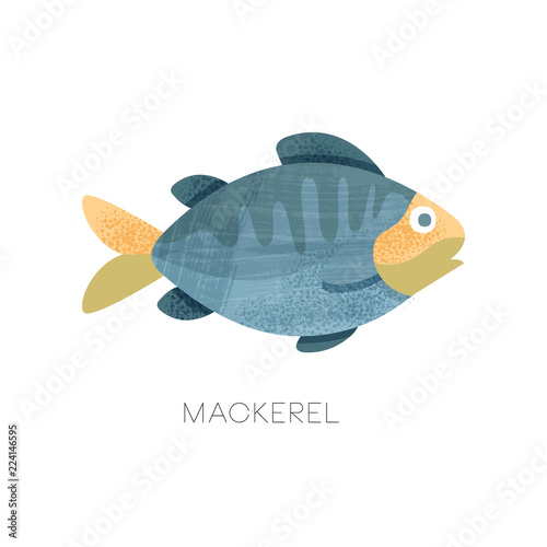 Flat vectir icon of blue mackerel with texture. Predatory fish. Marine animal. Seafood theme