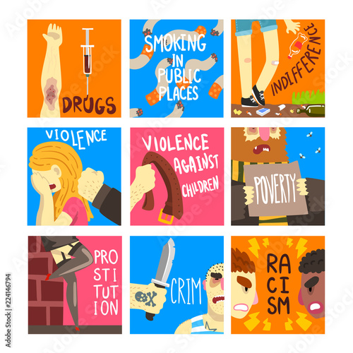 Social problems set, banner templates about indifference, drugs, smoking in public places, violence, racism, poverty vector Illustrations