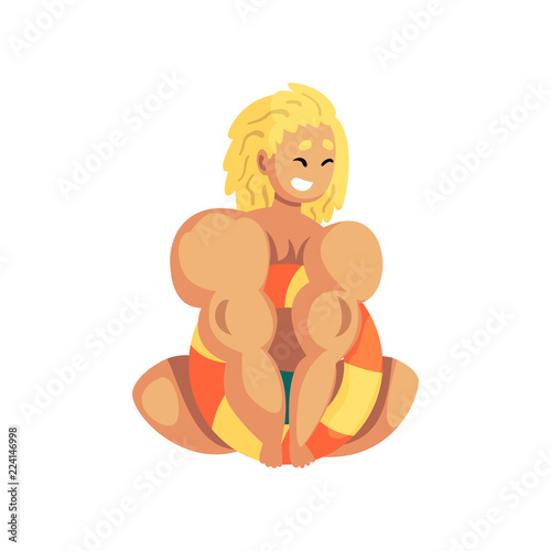 Male lifeguard sittiing on the beach with lifebuoy, muscular professional rescuer charater on duty vector Illustration on a white background