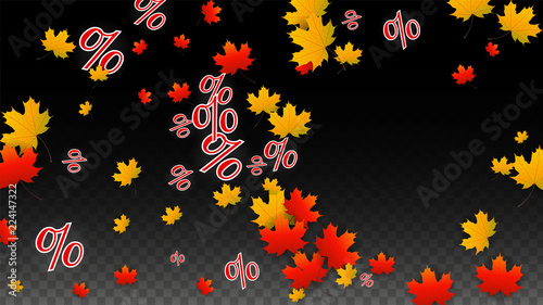 Vector Percentage Sign and Autumn Leaves Confetti on Transparent Background. Percent Sale Background. Business, Economics, Finance Print. Discount Illustration. Promotion poster. Black Friday Banner. 
