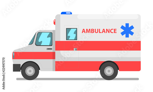 Emergency car, red and white ambulance medical service vehicle vector Illustration on a white background photo