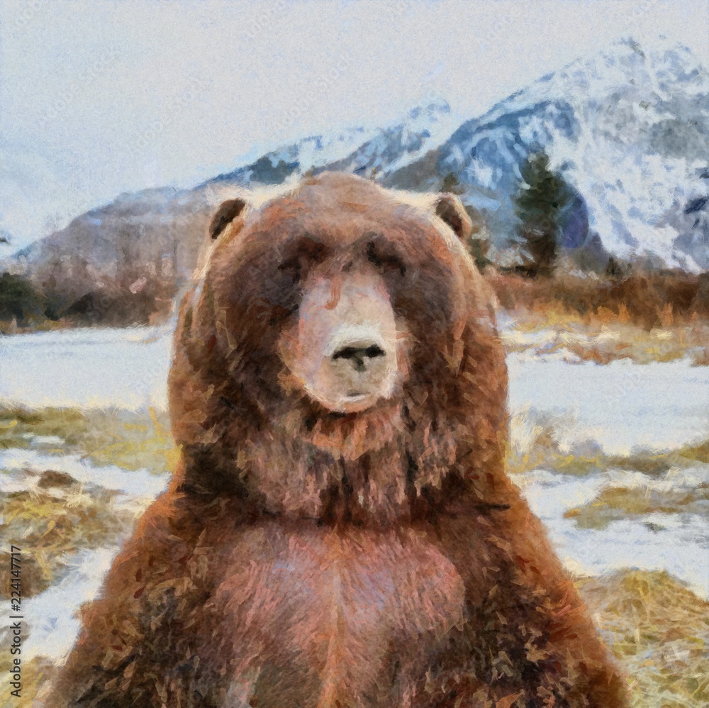 Oil painting. Art print for wall decor. Acrylic artwork. Big size poster. Watercolor drawing. Modern style fine art. Wild brwn bear in winter nature. Oil painting. Art print for wall decor. Acrylic artwork. Big size poster. Watercolor drawing. Modern style fine art. Wild brwn bear in winter nature.