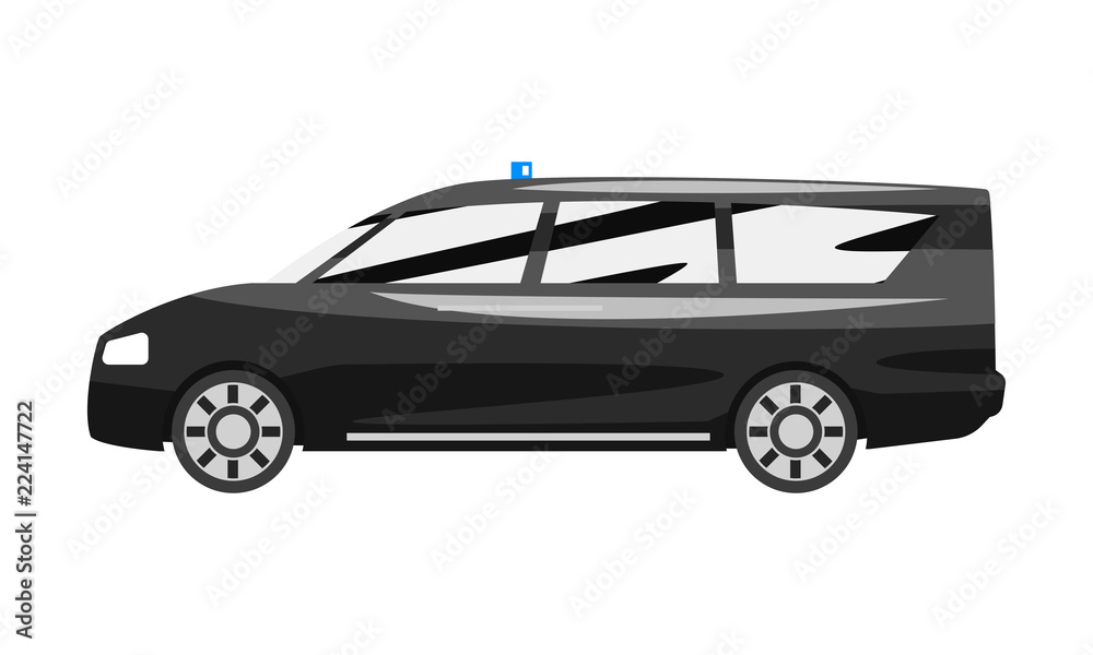 Black executive minivan with blue flasher siren, business luxury vehicle side view vector Illustration on a white background