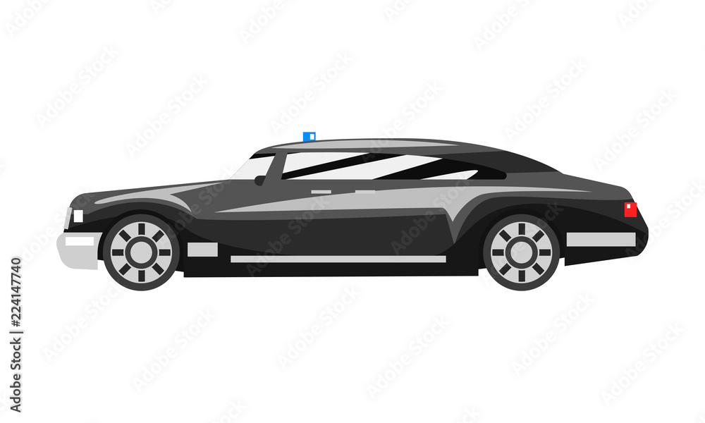 Black luxury car with blue flasher siren, business vehicle side view vector Illustration on a white background