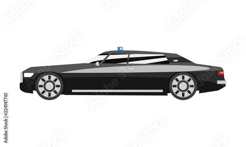 Premium black executive sedan with blue flasher siren, business luxury vehicle side view vector Illustration on a white background