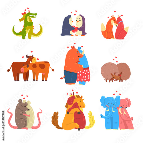Fototapeta Naklejka Na Ścianę i Meble -  Couple of cute animals in love embracing each other, happy wild and domestic animals hugging vector Illustration on a white background