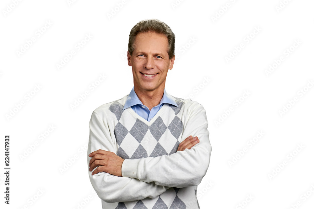 Portrait of joyful man with arms crossed. Happy caucasian man folded arms standing on white background. Portrait of joyful man with arms crossed. Happy caucasian man folded arms standing on white background.