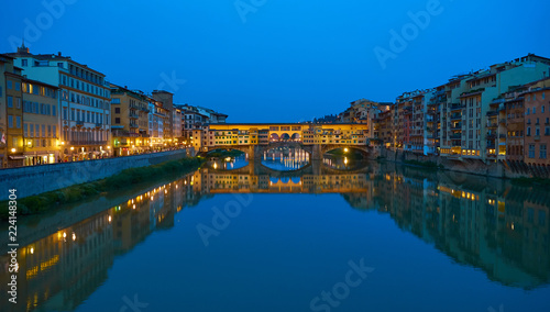 Famous bridge  Ponte Vecchio  in Florence in Italy at night   Illuminated bridge with nice reflections in the water