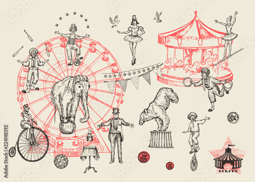 Retro circus performance set sketch stile vector illustration. Hand drawn imitation. Human and animals.