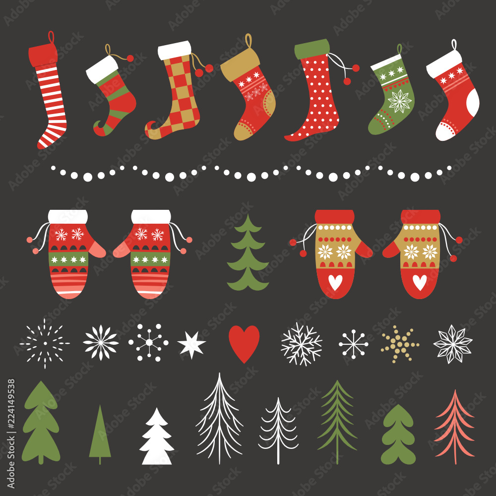 set of christmas decor elements, christmas socks,mittens,snowflakes, trees