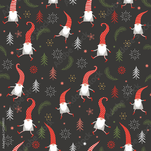 Christmas Seamless Pattern, Seasons greetings , cute Christmas Gnomes in red hats