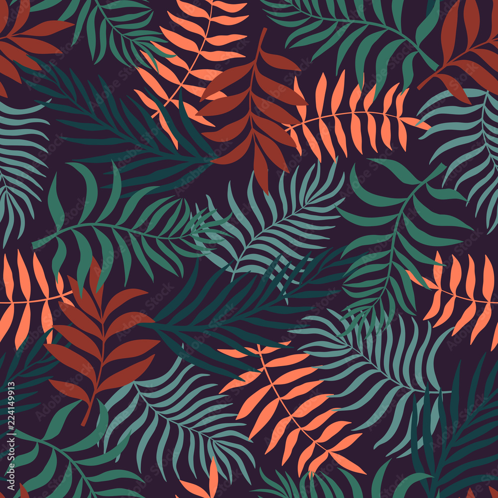 Fototapeta premium Tropical background with palm leaves. Seamless floral pattern. Summer vector illustration