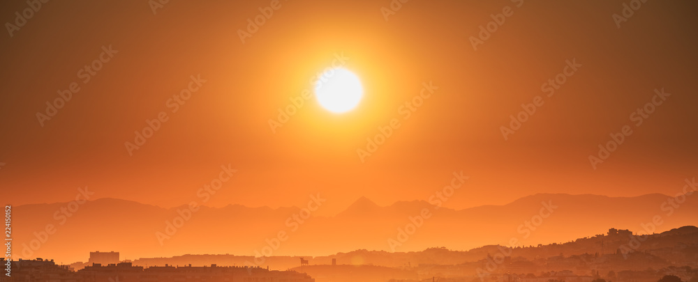 Andalusia, Spain. Sunrise Above Summer Landscape With Dark Silho Andalusia, Spain. Sunrise Above Summer Landscape With Dark Silho