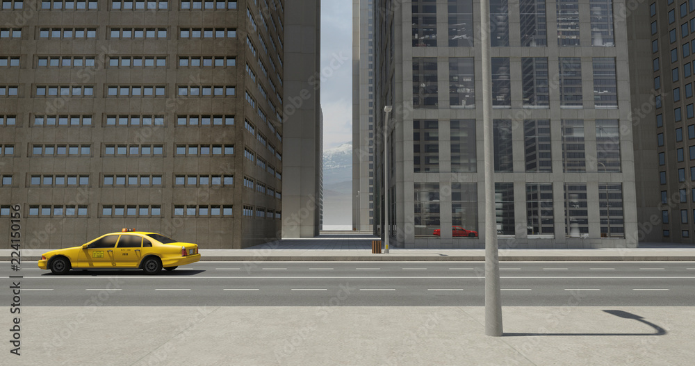 3D Street Flight Render With Skyscrapers